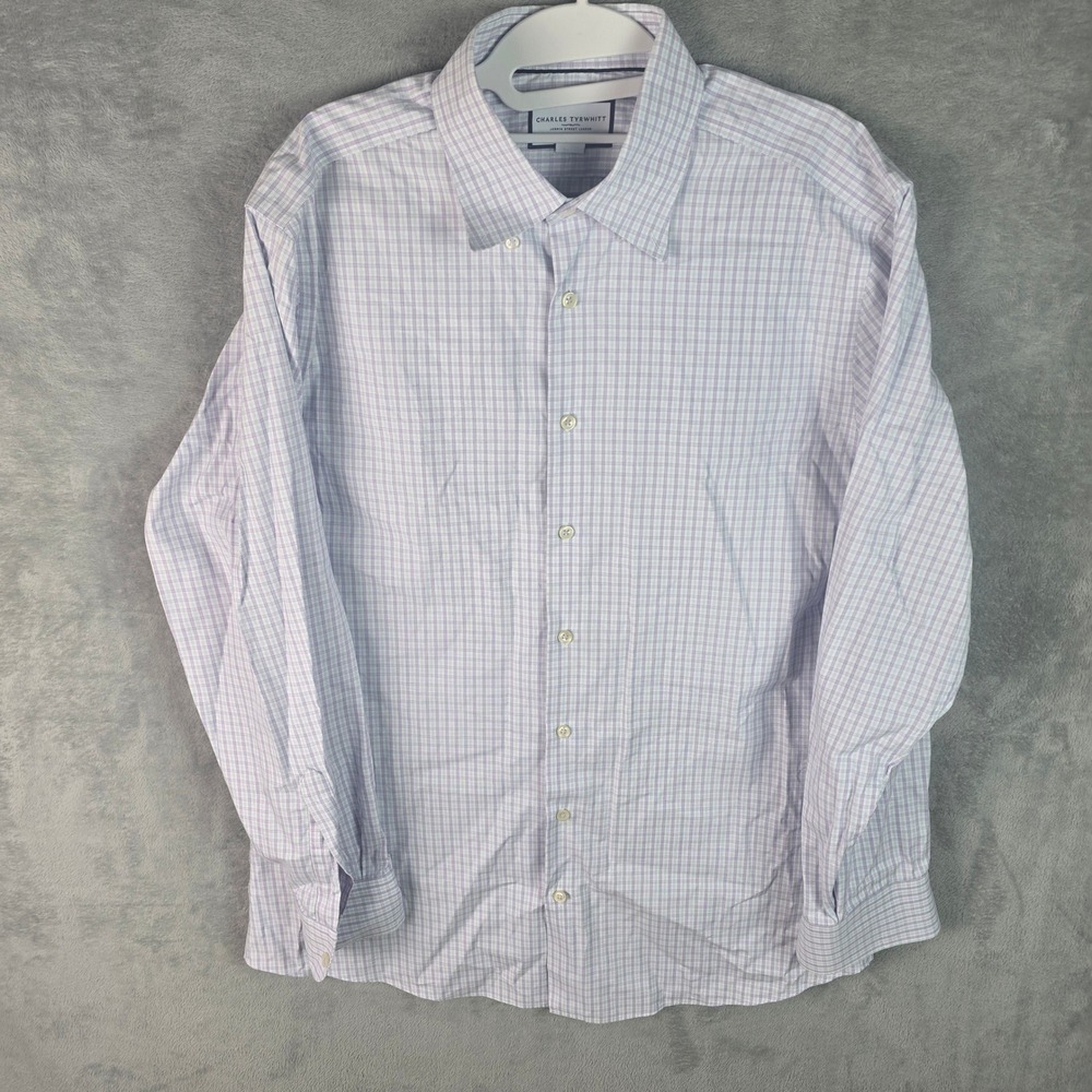 Charles Tyrwhitt Mens Slim Fit Non Iron Check Dress Shirt Purple White 16.5 35